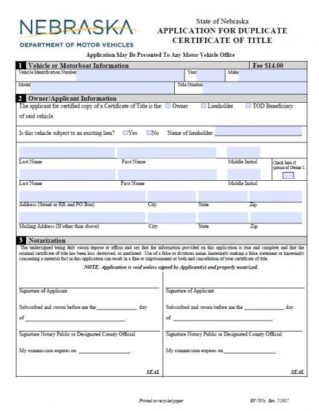 Nebraska Dealer Supply Application For Certificate Of Title 